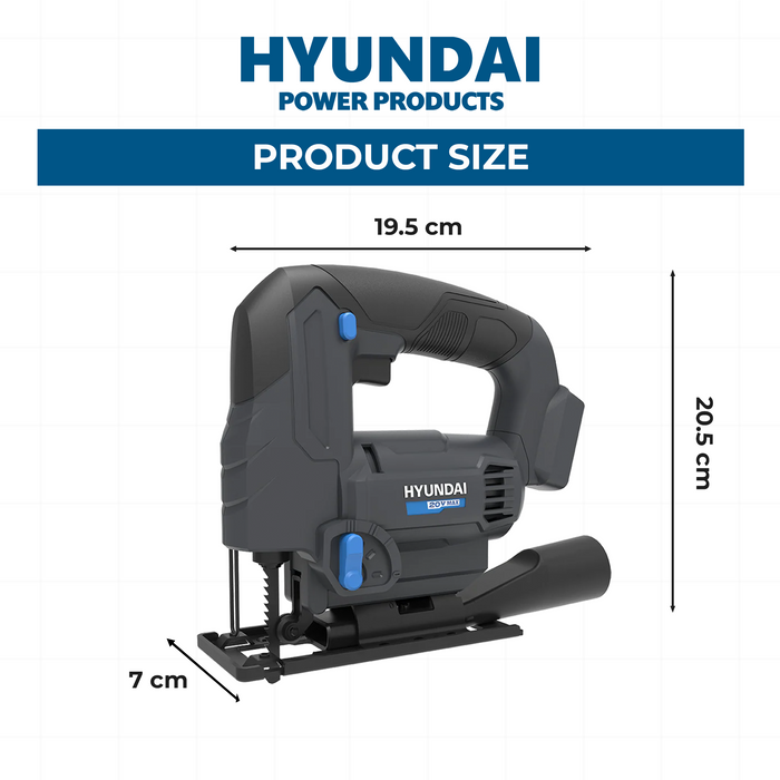 Hyundai 20V Cordless Jig Saw – Variable Speed, Tool-Free Blade, 45° Bevel, Dust Adapter - SKIN ONLY (JS20S-24)