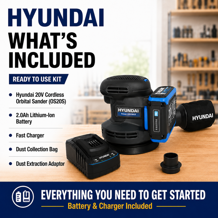 Hyundai 20V Cordless Orbital Sander Kit – 125mm Variable Speed + 2.0Ah Battery & Fast Charger - Wood Sanding, Paint Prep & DIY Renovation