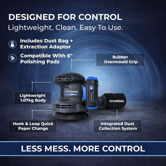 Hyundai 20V Cordless Orbital Sander – 5” Pad, Dust Collection, Variable Speed Control – Skin Only