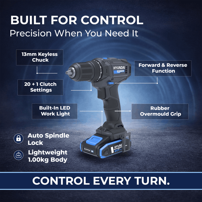 Hyundai 20V 40Nm Cordless Drill Driver, 2Ah Battery and Charger, 2-Speed, LED Light, 13 mm Chuck