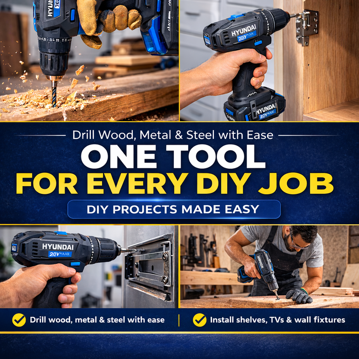 Hyundai 20V Cordless Hammer Drill 50Nm – Complete 75-Piece DIY Tool Kit with Battery, Charger & Case | Hammer Drill Driver Australia