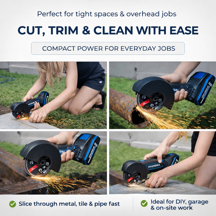 Hyundai 20V Cordless Angle Grinder Kit – Cut Metal, Tile & Bolts Anywhere | Includes 2.0Ah Battery + Charger