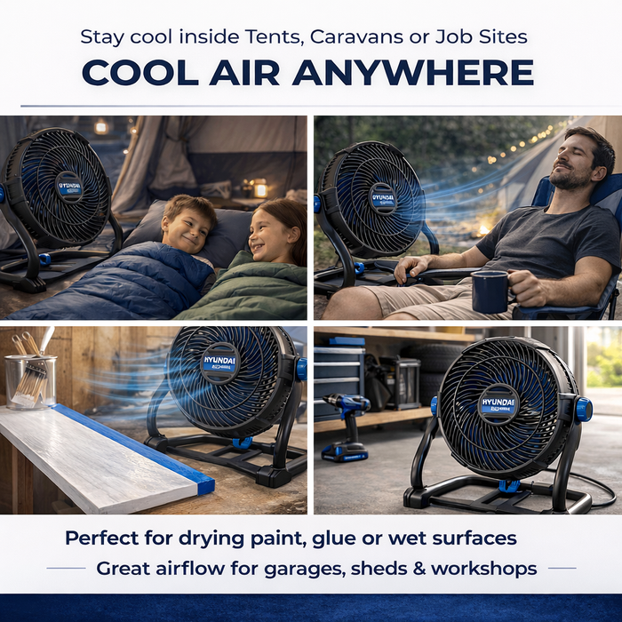Hyundai 20V Cordless Camping & Job Site Fan – 360° Adjustable Head, Dual Speed, Wall-Mountable – SKIN ONLY (JF20S)