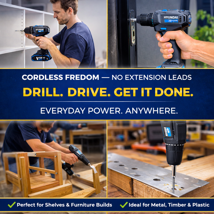 Hyundai 20V Cordless Driver Drill – 40Nm Torque, 2-Speed, LED Light, 13mm Chuck - Skin Only