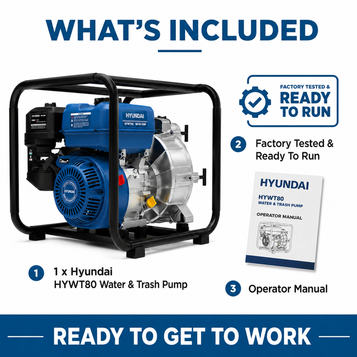 Hyundai 3″ Petrol Water & Trash Transfer Pump for farms, construction sites, irrigation systems, flooded areas, dams, pools, and more