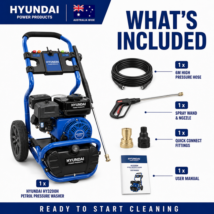 Hyundai 3500 PSI Petrol Pressure Washer – 212cc Engine, 3200W, 6m Hose