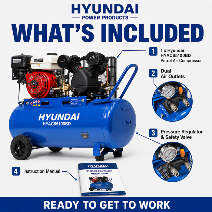 Hyundai 6.5HP Petrol Air Compressor – 100L Tank, 116PSI, Belt Drive, 312L/min, Portable & Heavy-Duty