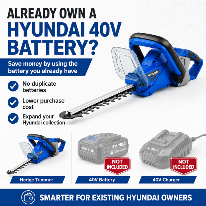 Hyundai 40V Cordless Hedge Trimmer – 520mm Blade, Brushless Motor - Skin Only