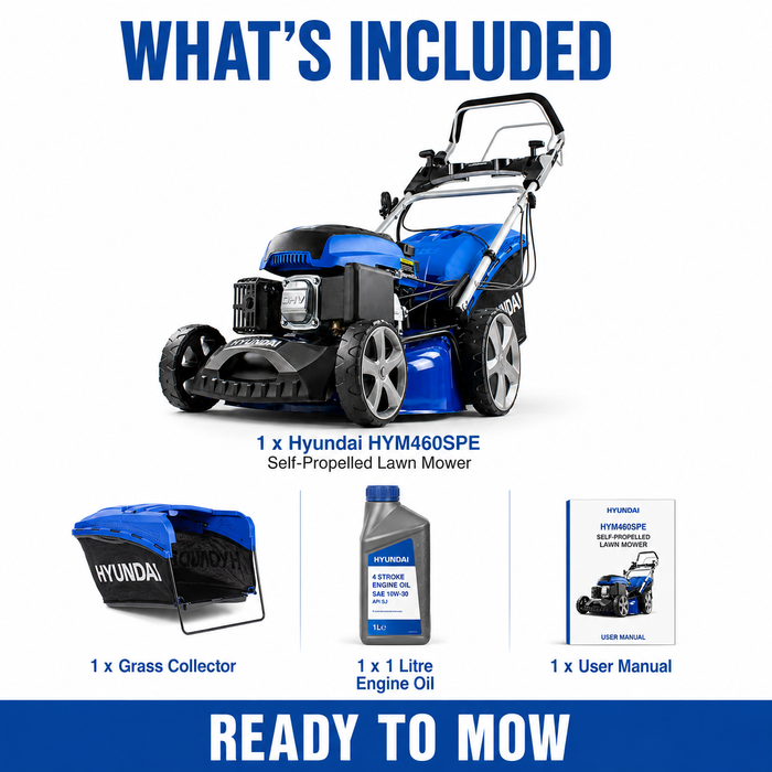 Hyundai 18" Petrol Lawn Mower – Self-Propelled, 139cc, Electric Start, 6 Heights, OPC Safety, Hose Connector
