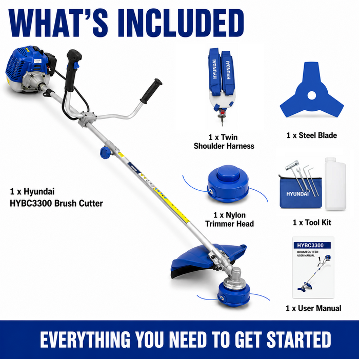 Hyundai 33cc Petrol Grass Trimmer / Brush Cutter – Lightweight, High Power, Easy Start, Harness Included