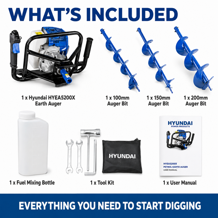 Hyundai 52cc Petrol Earth Auger – 3 Drill Bits, Anti-Vibration Handle, 2-Stroke Engine