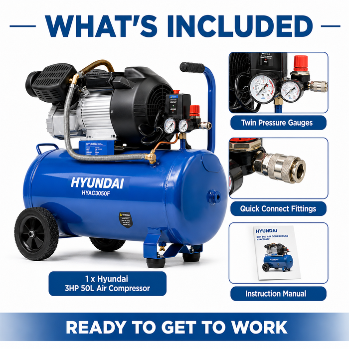 Hyundai 3HP 50L Portable Air Compressor – Direct Drive, Twin Outlet, 12.6CFM, Oil-Lubricated
