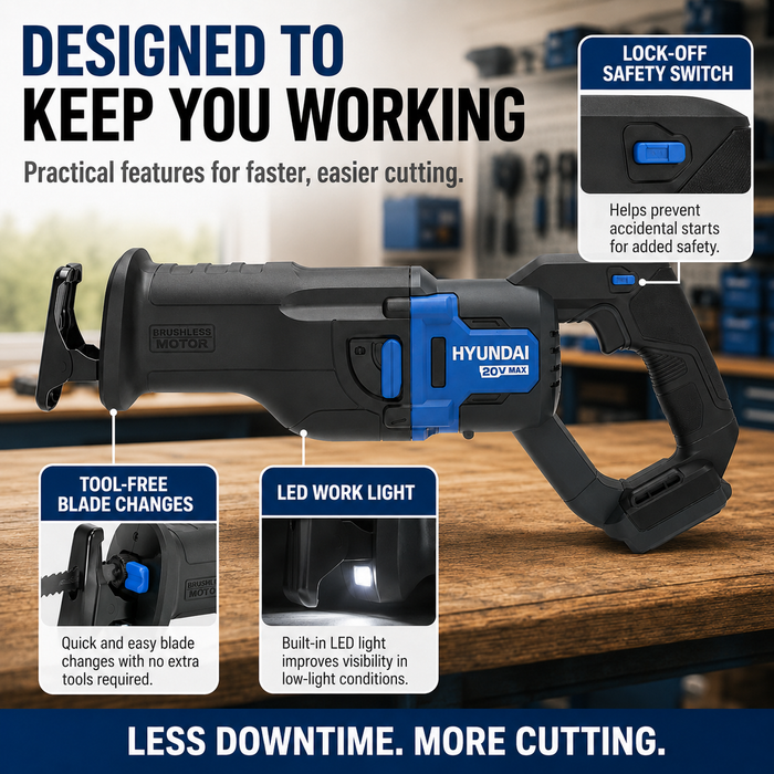 Hyundai 20V Brushless Reciprocating Saw – 300mm Cut, Tool-Free Blade Change - Skin Only
