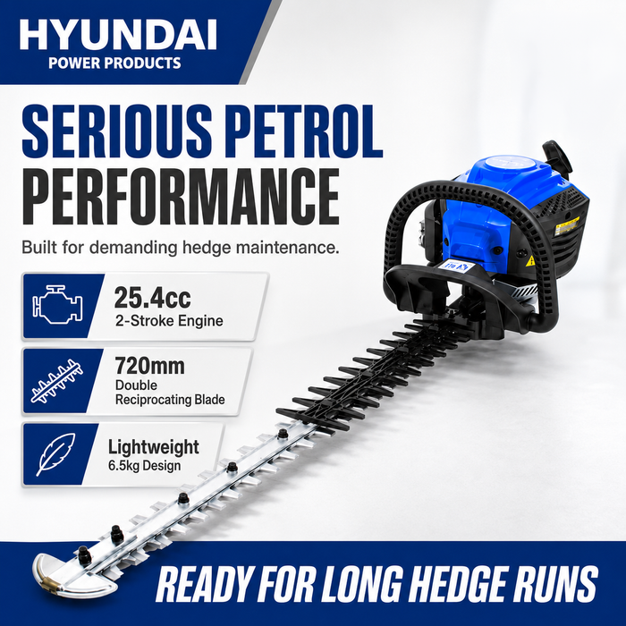 Hyundai 25.4cc Petrol Hedge Trimmer – Double Reciprocating Blade, Rotatable Handle, Easy Start