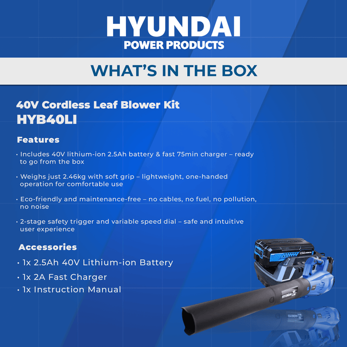 Hyundai 40V Cordless Leaf Blower Kit – Variable Speed, 2.5Ah Battery & Charger (HYB40LI)