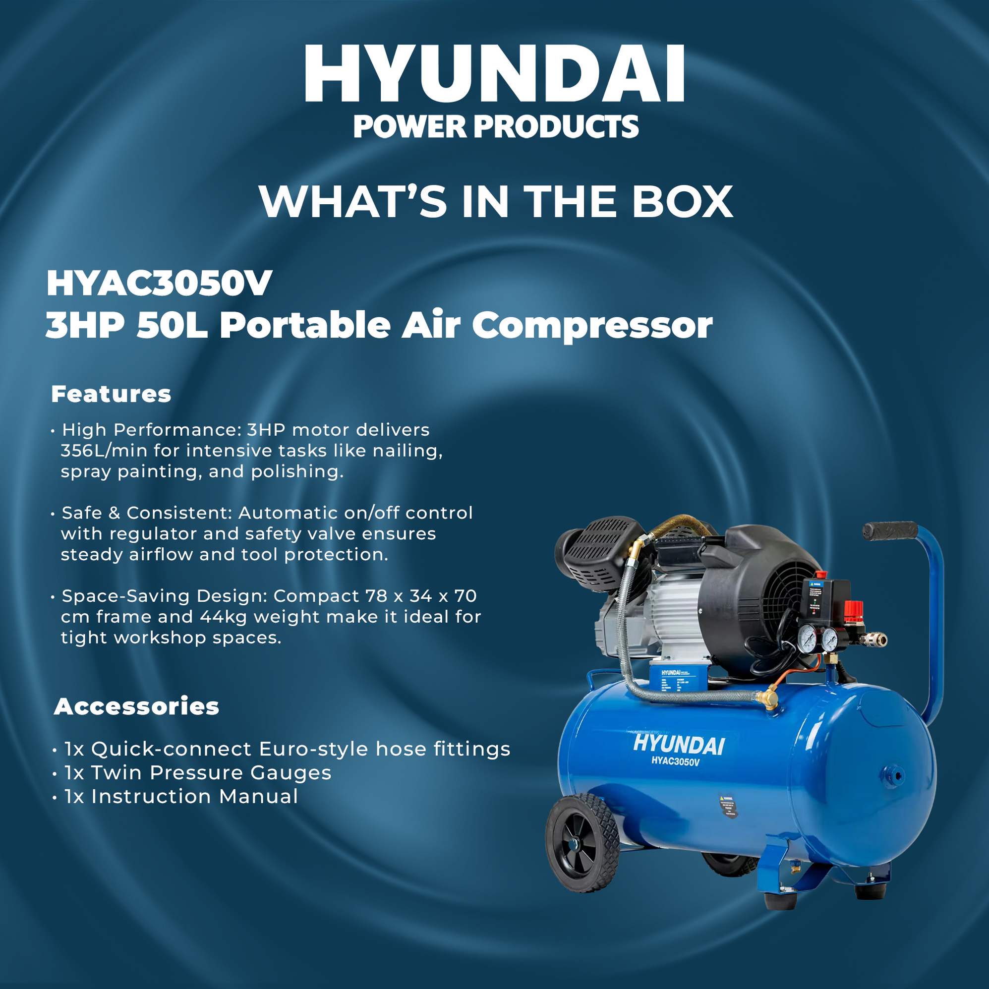Hyundai 3HP 50L Portable Air Compressor – Direct Drive, Twin Outlet, 1 ...