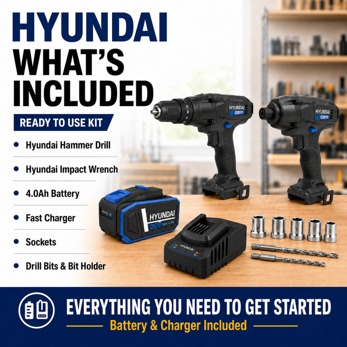 Hyundai 20V Mechanic's Combo Kit - Hammer Drill & Impact Wrench + 4.0Ah Battery & Fast Charger