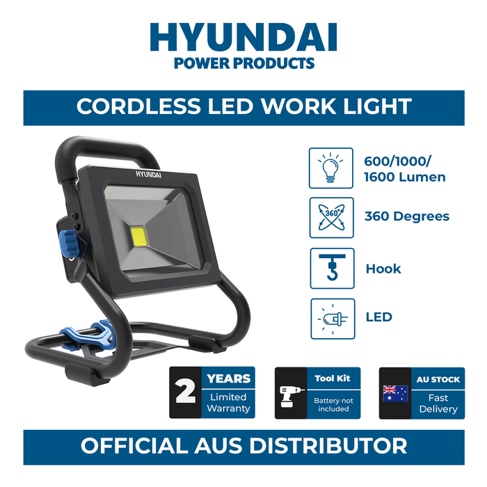 Hyundai 20V LED Work Light – 1600 Lumen, 360° Head, Tripod Mountable, 3-Mode Brightness - SKIN ONLY (WL20S-1600)