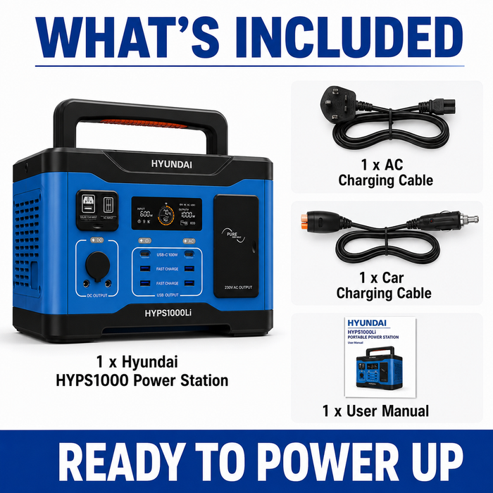 Hyundai 1000W Lithium Power Station – LiFePO4, Solar Input, 921Wh Backup & Outdoor Power