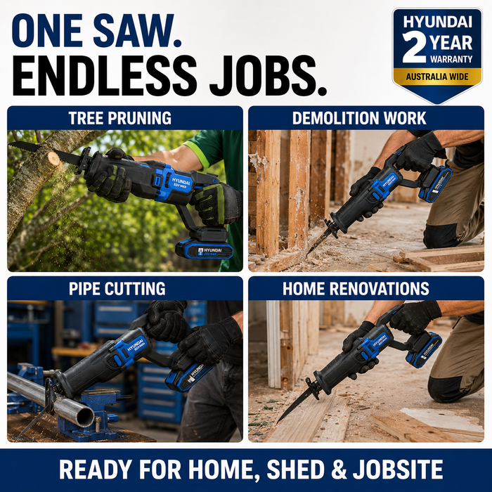 Hyundai 20V Brushless Reciprocating Saw – 300mm Cut, Tool-Free Blade Change - Skin Only