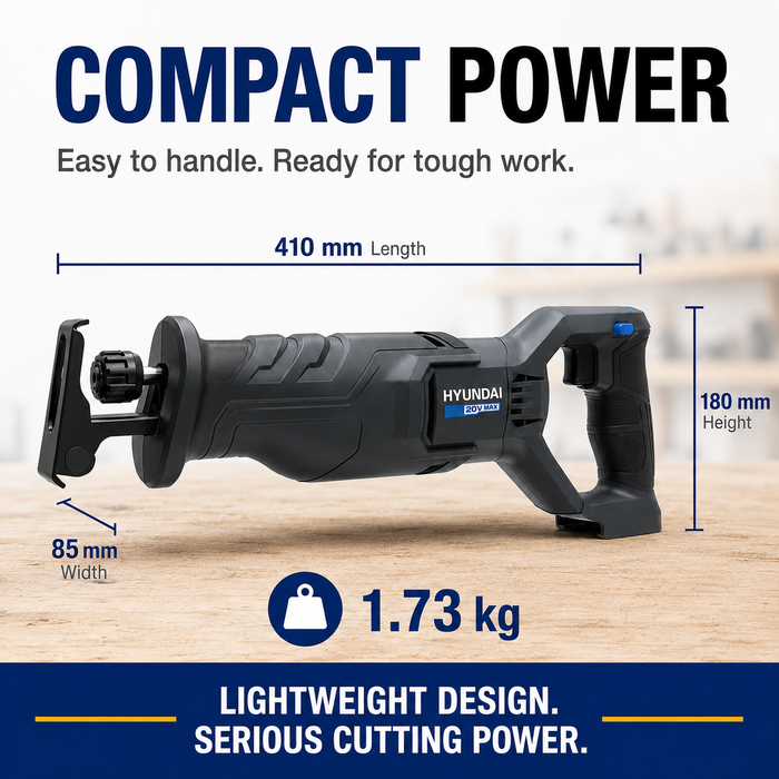 Hyundai 20V Cordless Reciprocating Saw Kit – 100mm Wood Cut, Tool-Free Blade Change, Variable Speed + 20V 2Ah Lithium-Ion Battery & Charger Kit