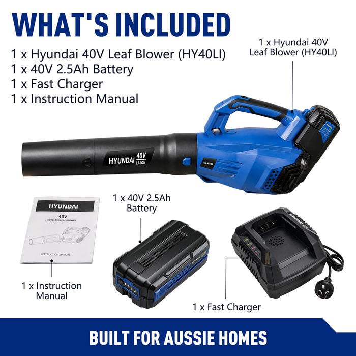 Hyundai 40V Cordless Leaf Blower Kit – 212km/h Power, Battery & Charger Included – Garden, Patio, Driveway & Gutter Cleanup