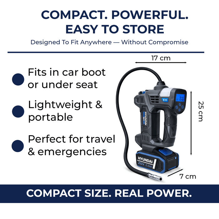 Hyundai 20V Cordless Tyre Inflator Kit – 150 PSI Portable Air Compressor + 2.0Ah Battery & Fast Charger | Car, Bike, 4WD, Camping & Emergency Tyre Pump (IF20S / B120-2 / C202-2)