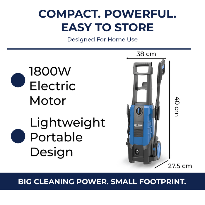 Hyundai 1958 PSI Electric Pressure Washer – 1800W Power Cleaner for Cars, Driveways & Patios, Turbo Nozzles + Patio Cleaner Kit