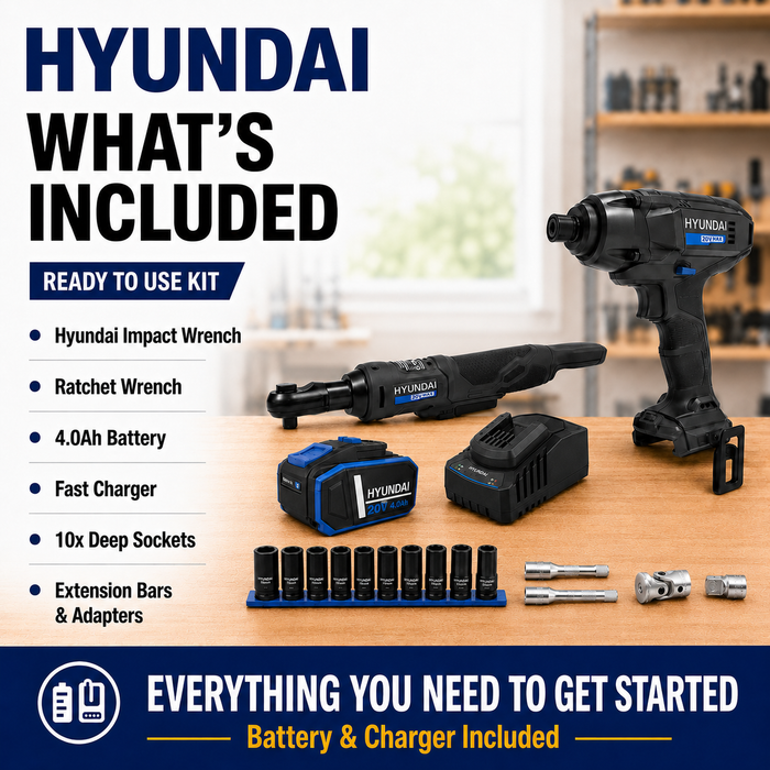 Hyundai 20V Fastening & Assembly Kit - Impact Driver & Ratchet Wrench + 4Amp Battery and Charger - Automotive Fastening Kit