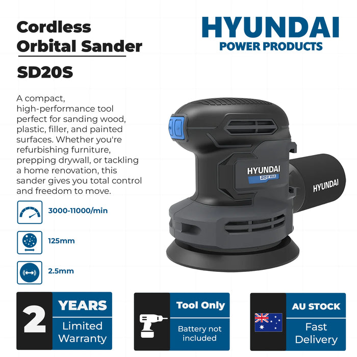 Hyundai 20V Cordless Orbital Sander – 5” Pad, Dust Collection, Variable Speed Control – Skin Only