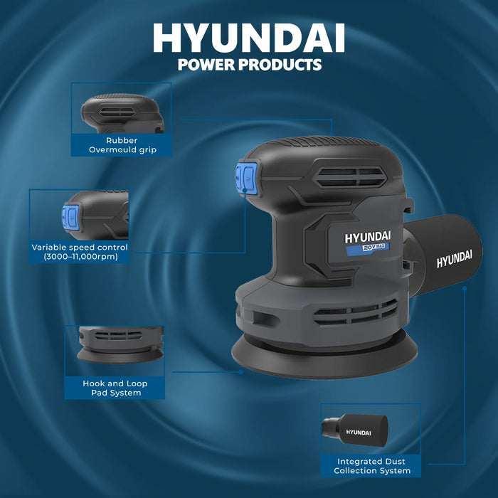 Hyundai 20V Cordless Orbital Sander – 5” Pad, Dust Collection, Variable Speed Control – Skin Only