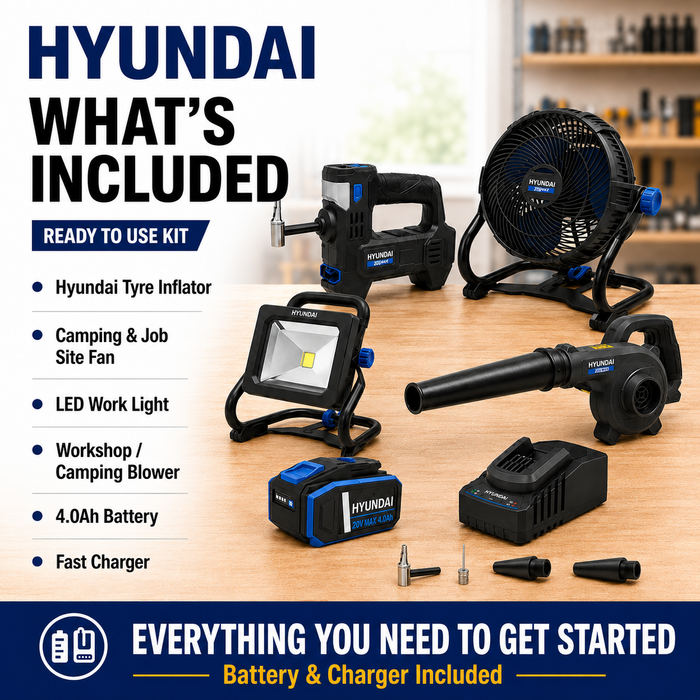 Hyundai 20V Outdoor Adventure Kit - Tyre Inflator, Blower, Fan & LED Work Light + 4Amp Battery and Charger - Outdoor Adventure Kit