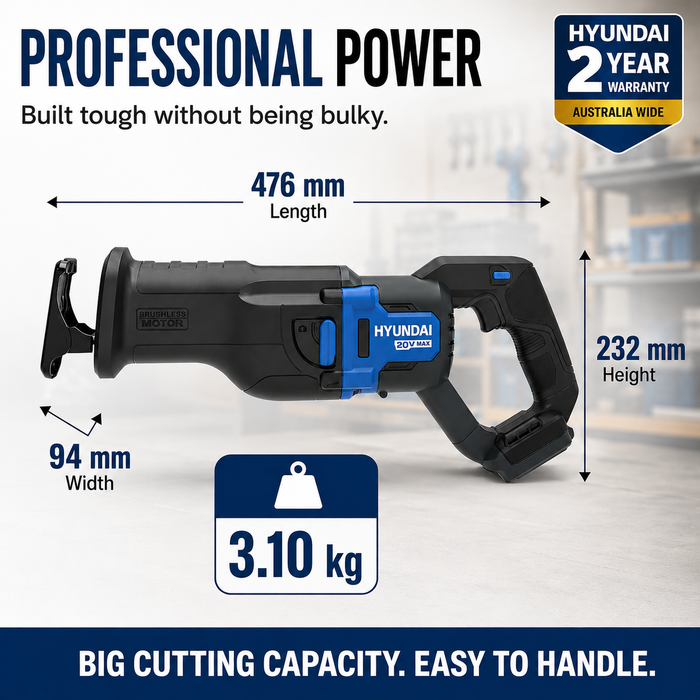 Hyundai 20V Brushless Reciprocating Saw – 300mm Cut, Tool-Free Blade Change - Skin Only