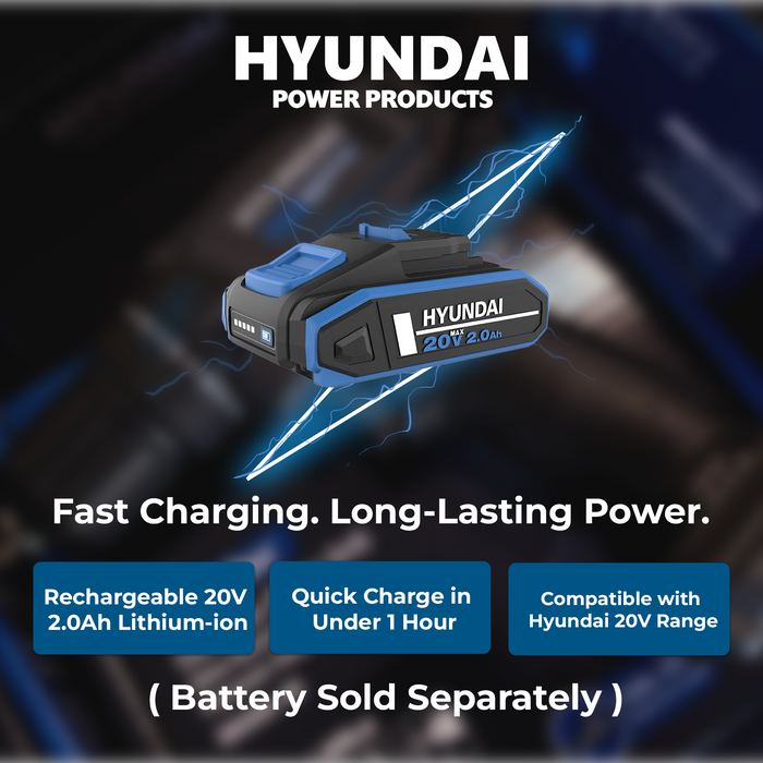 Hyundai 20V Cordless Jig Saw – Variable Speed, Tool-Free Blade, 45° Bevel, Dust Adapter - SKIN ONLY (JS20S-24)