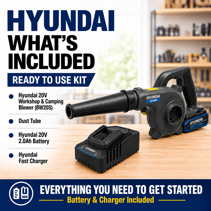 Hyundai 20V Cordless Workshop & Camping Blower + 2.0Ah Battery & Fast Charger