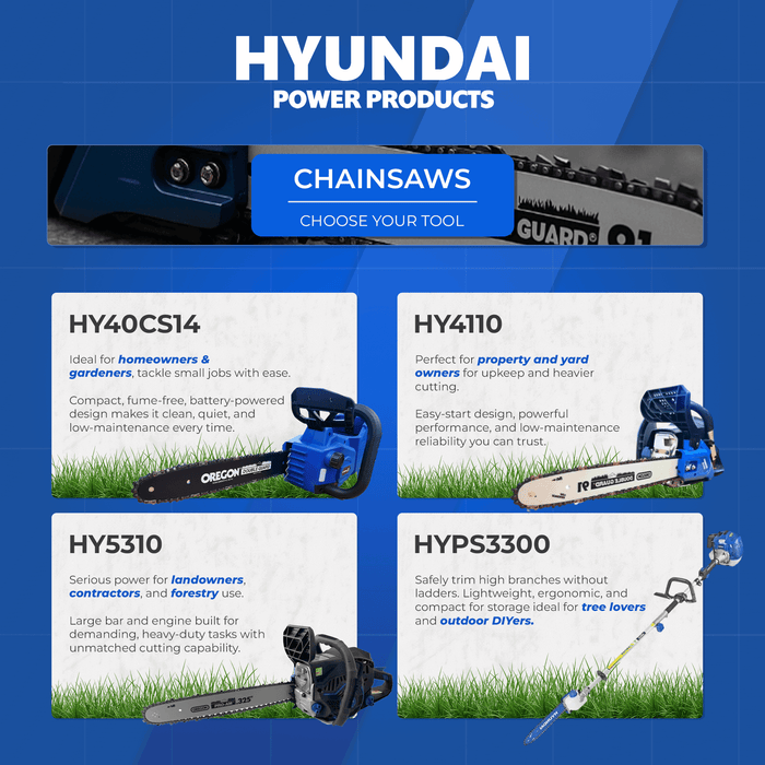 Hyundai 16" Petrol Chainsaw – 40cc 2-Stroke, Oregon Bar, Lightweight, Auto Chain Lube, Anti-Kickback Brake (HY4110)