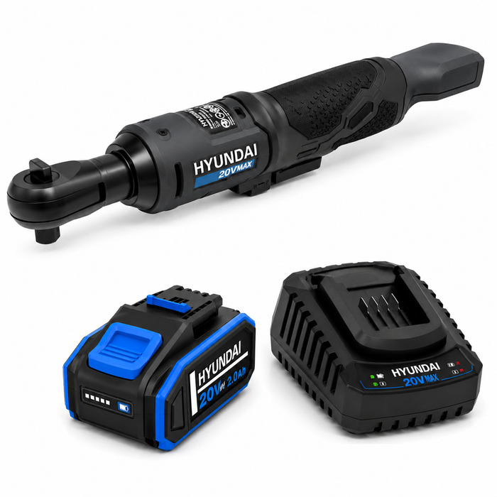 Hyundai 20V Cordless Ratchet Wrench Kit – 47Nm, LED, Compact Head, FWD/REV Switch + 20V 2Ah Lithium-Ion Battery & Charger Kit