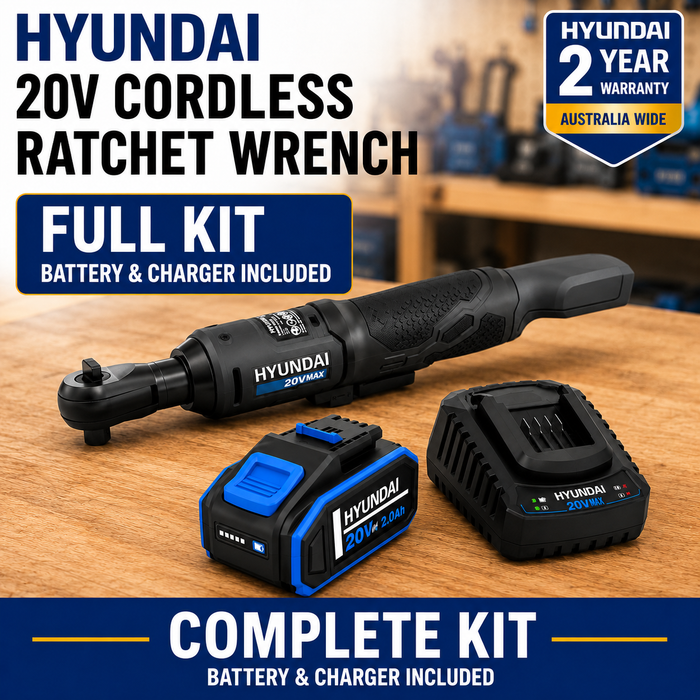 Hyundai 20V Cordless Ratchet Wrench Kit – 47Nm, LED, Compact Head, FWD/REV Switch + 20V 2Ah Lithium-Ion Battery & Charger Kit