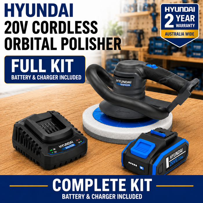 Hyundai 20V Orbital Polisher Full Kit - Random Orbital Buffer Polisher + 2.0Ah Battery & Fast Charger - Car Detailing Kit