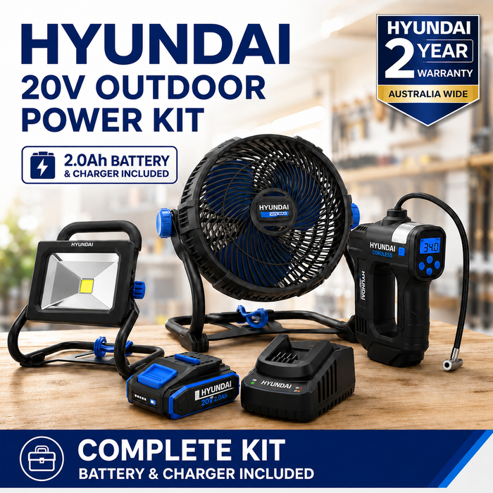 Hyundai 20V Outdoor Power Kit – Fan, LED Work Light, Tyre Inflator, 2.0Ah Battery & Fast Charger – Portable Outdoor Power Kit