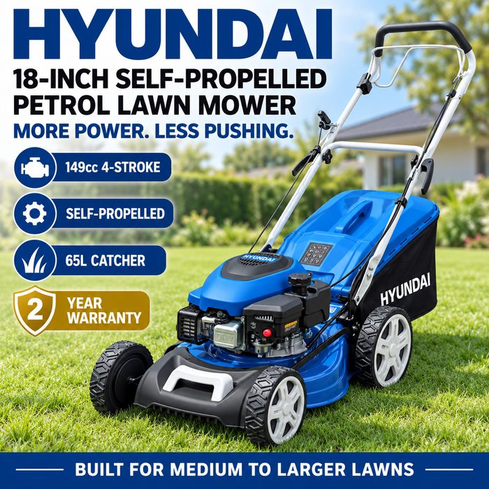 Hyundai 18" Petrol Lawn Mower – Self Propelled 149cc Mower with 6 Cutting Heights, 65L Catcher & Easy Start