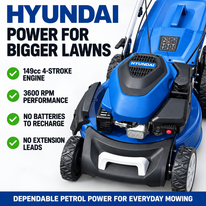 Hyundai 18" Petrol Lawn Mower – Self Propelled 149cc Mower with 6 Cutting Heights, 65L Catcher & Easy Start