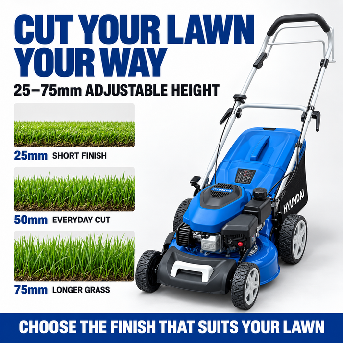 Hyundai 18" Petrol Lawn Mower – Self Propelled 149cc Mower with 6 Cutting Heights, 65L Catcher & Easy Start