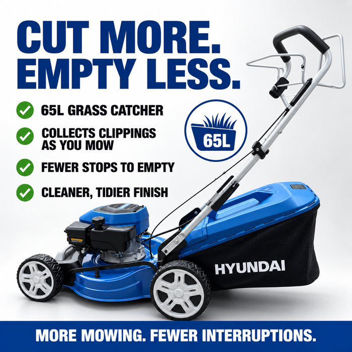 Hyundai 18" Petrol Lawn Mower – Self Propelled 149cc Mower with 6 Cutting Heights, 65L Catcher & Easy Start