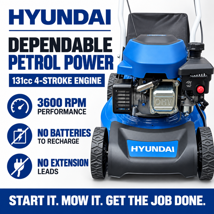 Hyundai 16" Petrol Lawn Mower – 131cc Push Mower with 6 Cutting Heights, 45L Catcher & Easy Start