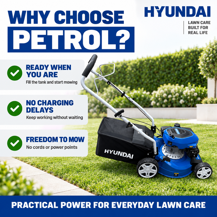 Hyundai 16" Petrol Lawn Mower – 131cc Push Mower with 6 Cutting Heights, 45L Catcher & Easy Start