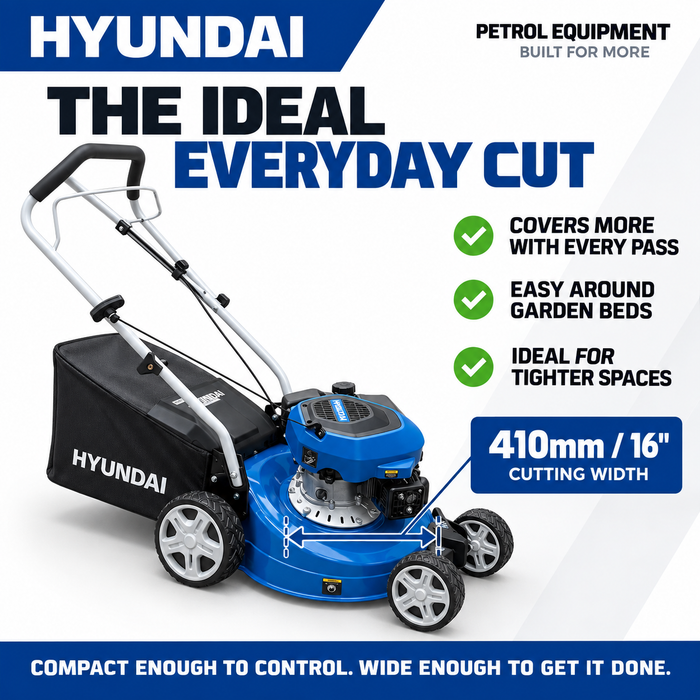 Hyundai 16" Petrol Lawn Mower – 131cc Push Mower with 6 Cutting Heights, 45L Catcher & Easy Start