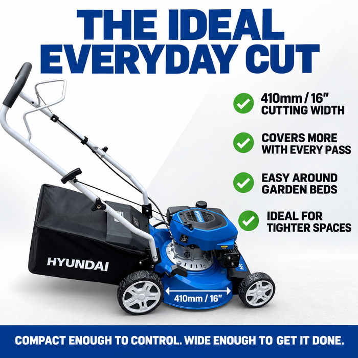 Hyundai 16" Petrol Lawn Mower – 131cc Push Mower with 6 Cutting Heights, 45L Catcher & Easy Start