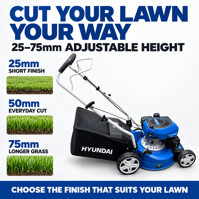 Hyundai 16" Petrol Lawn Mower – 131cc Push Mower with 6 Cutting Heights, 45L Catcher & Easy Start