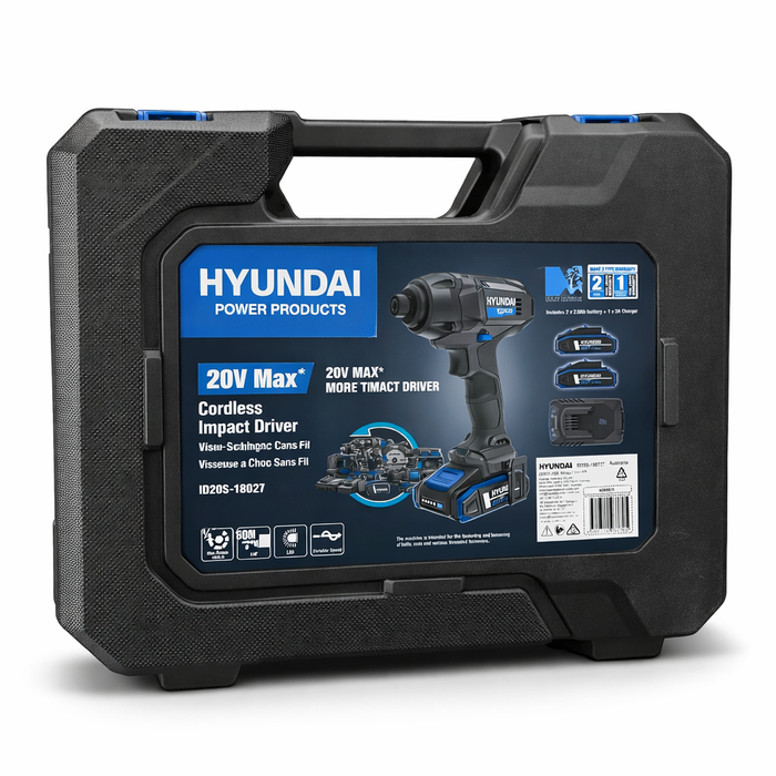 Hyundai 20V Cordless Impact Driver Kit – 180Nm Torque, LED, 2 x 2Ah Battery, 1 x Charger, 1 x Hard Case (ID20S-180T2T)